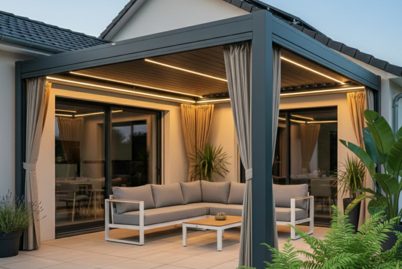 Pose d'une pergola bioclimatique 6x3 avec rideau à Saint Orens de Gameville